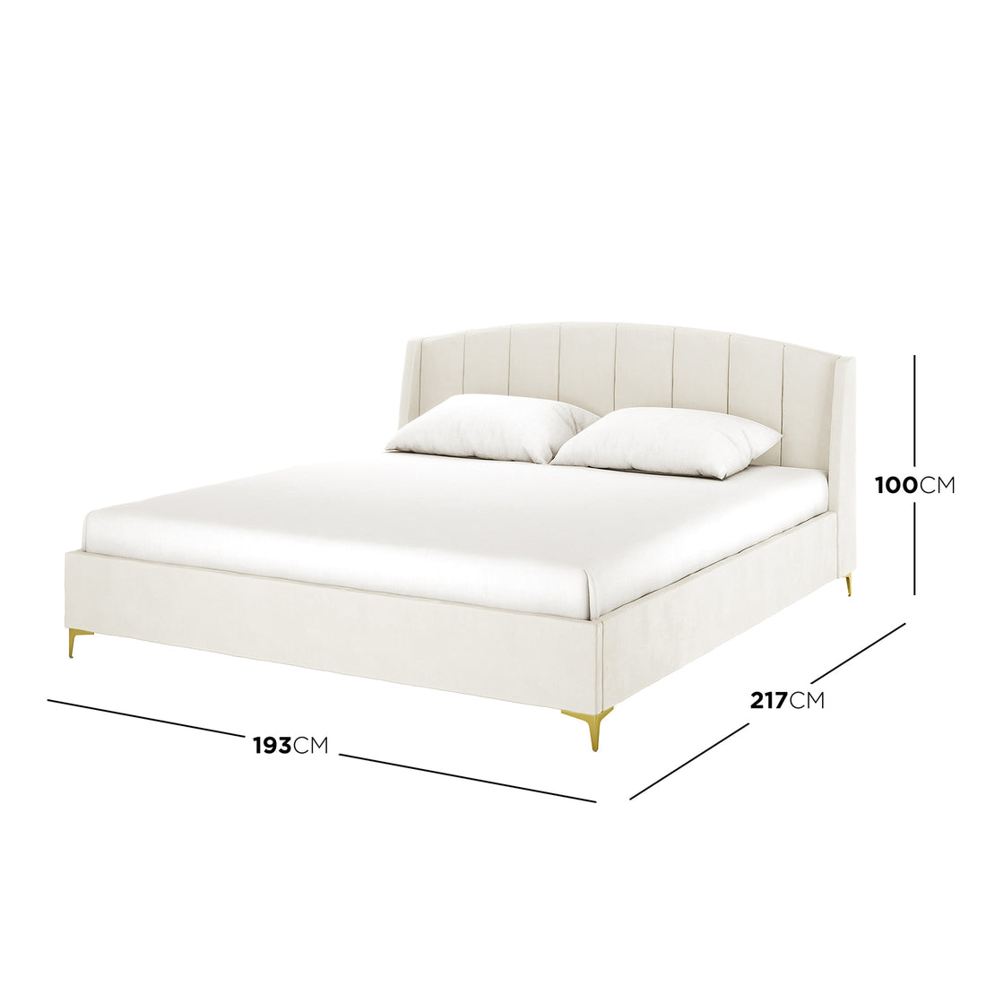 Lyra Velvet Bed Frame with Winged Headboard in Cream White King size on display, highlighting its tufted, padded headboard and luxurious velvet finish, set against a furnished bedroom backdrop.