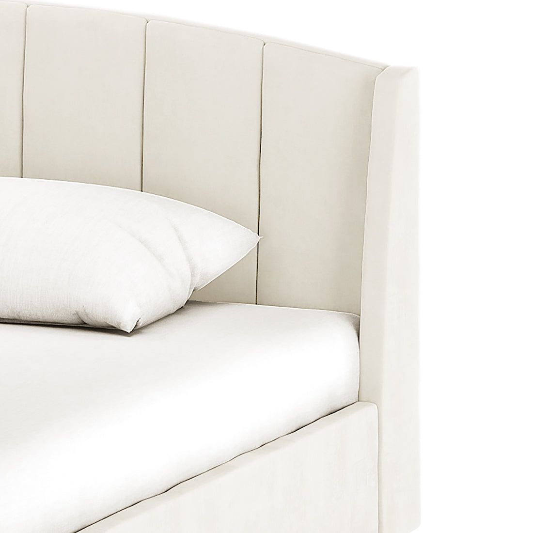 Lyra Velvet Bed Frame with Winged Headboard - Cream White King, featuring a soft, padded, tufted headboard, and gold chrome legs, shown in an elegant bedroom setting.