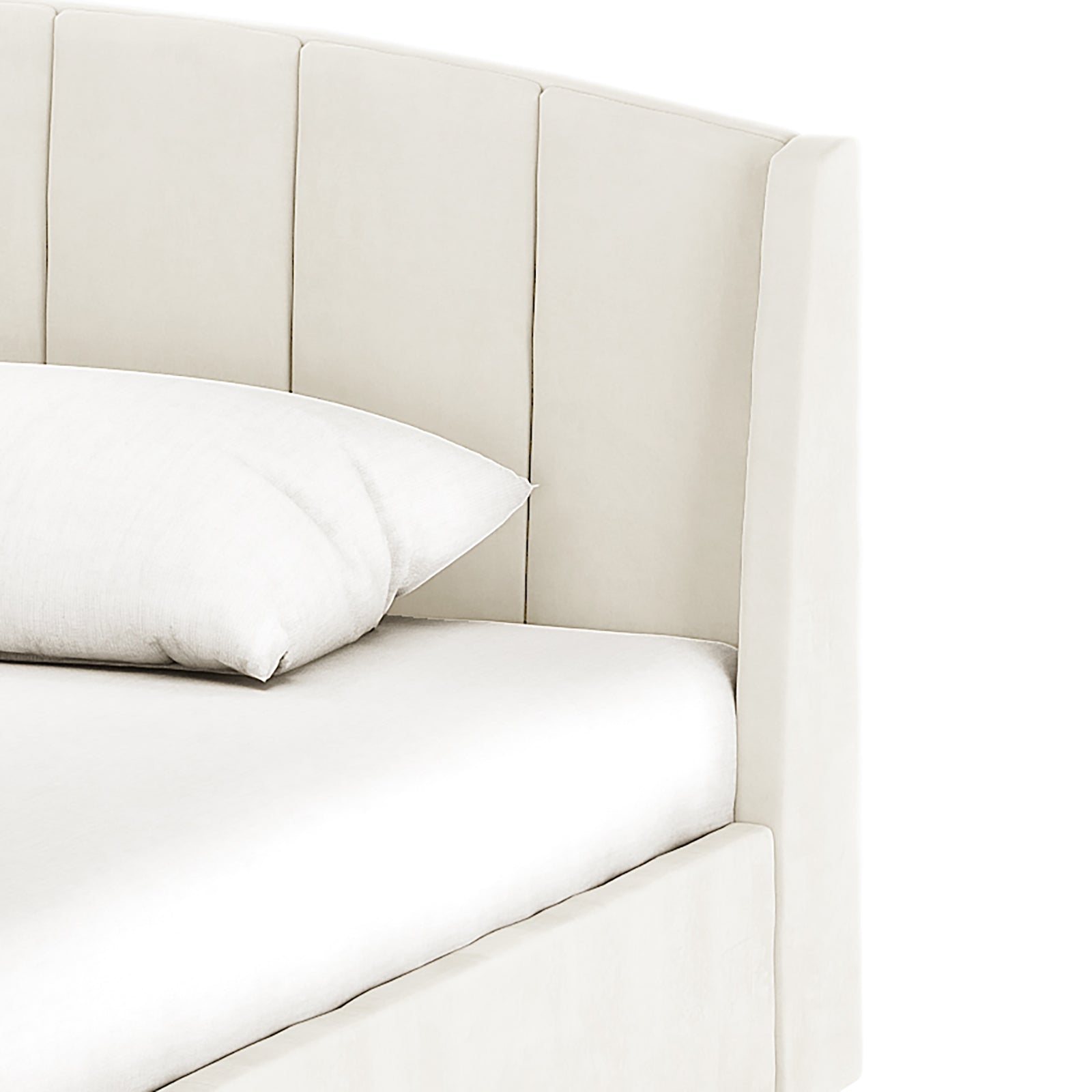 Lyra Velvet Bed Frame with Winged Headboard - Cream White King, featuring a soft, padded, tufted headboard, and gold chrome legs, shown in an elegant bedroom setting.