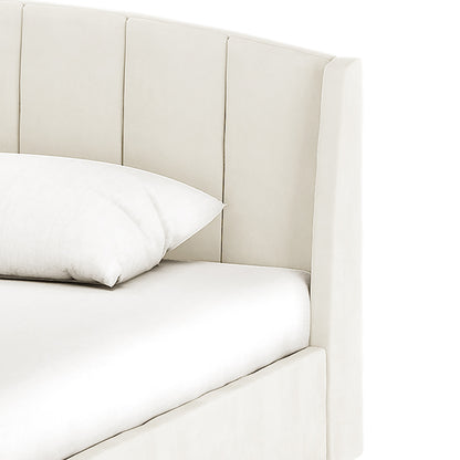 Lyra Velvet Bed Frame with Winged Headboard - Cream White King, featuring a soft, padded, tufted headboard, and gold chrome legs, shown in an elegant bedroom setting.