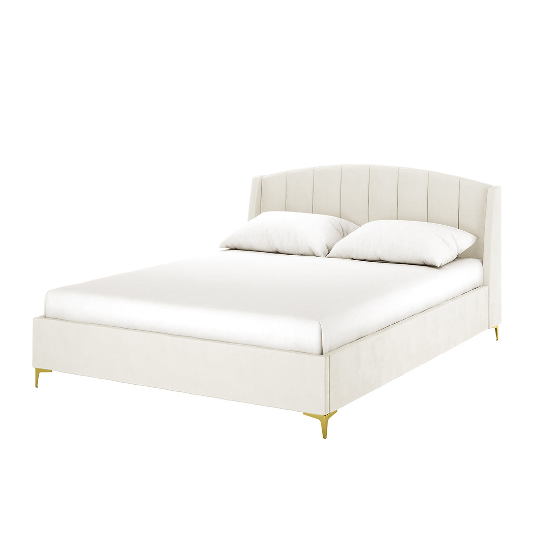 Lyra Velvet Bed Frame with Winged Headboard in Cream White, featuring a plush, tufted backrest. The bed's elegant design is highlighted by its luxurious velvet fabric and gold chrome legs.