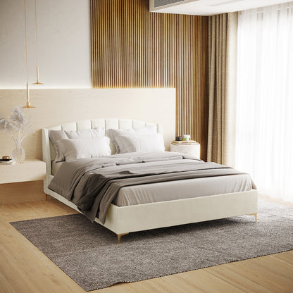Lyra Velvet Bed Frame with Winged Headboard - Cream White Queen, featuring a tufted, padded headboard and gold chrome legs, creates a luxurious focal point in a bedroom setting.