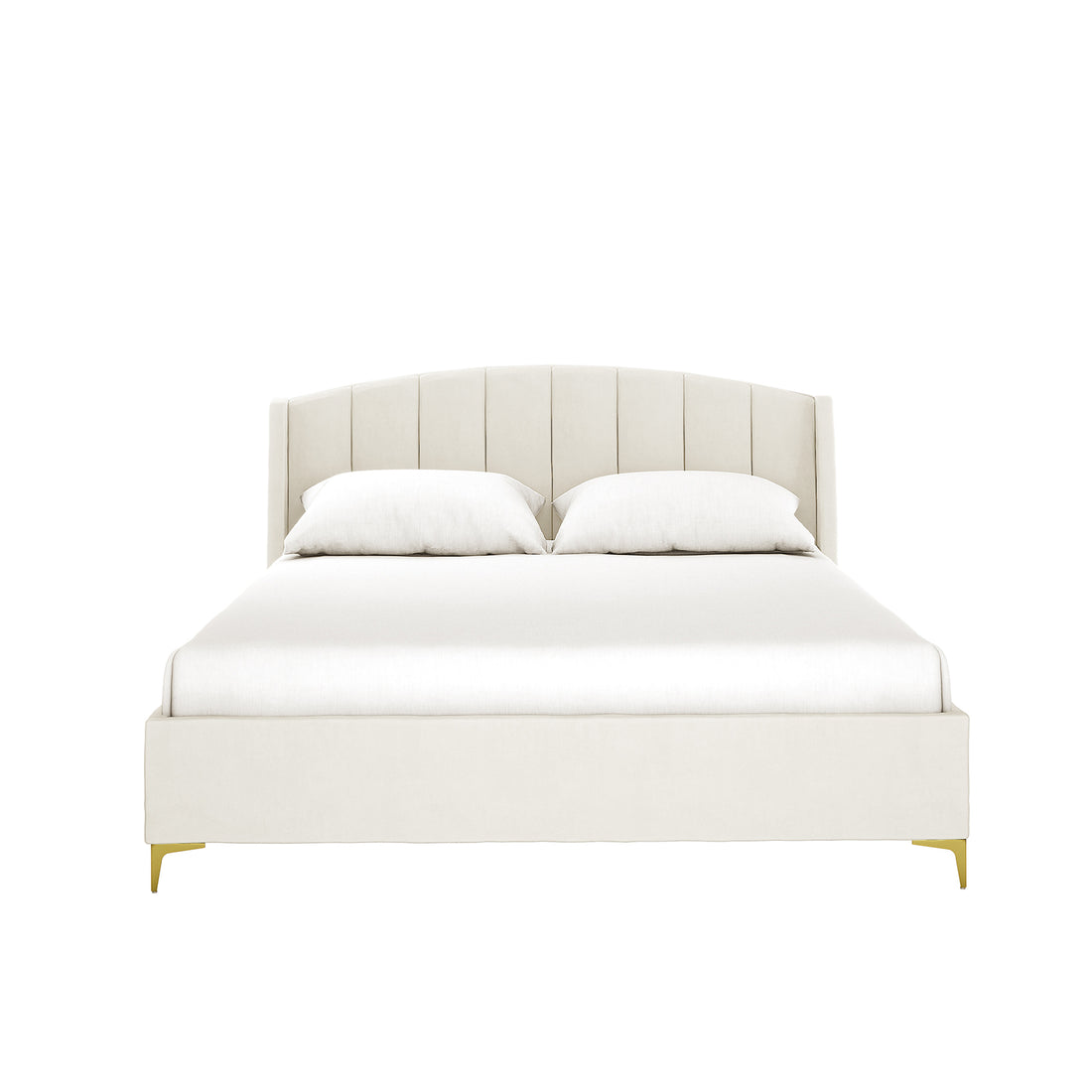 Lyra Velvet Bed Frame with Winged Headboard - Cream White Queen, featuring a tufted, padded headboard and gold chrome legs, offering a luxurious and modern touch to your bedroom.