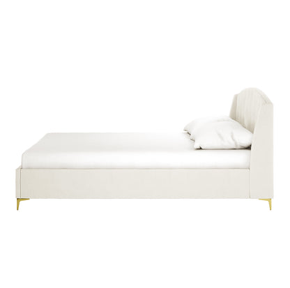 Lyra Velvet Bed Frame with Winged Headboard - Cream White, featuring a tufted, padded headboard and gold chrome legs, enhancing the luxurious feel of a bed with soft velvet fabric.