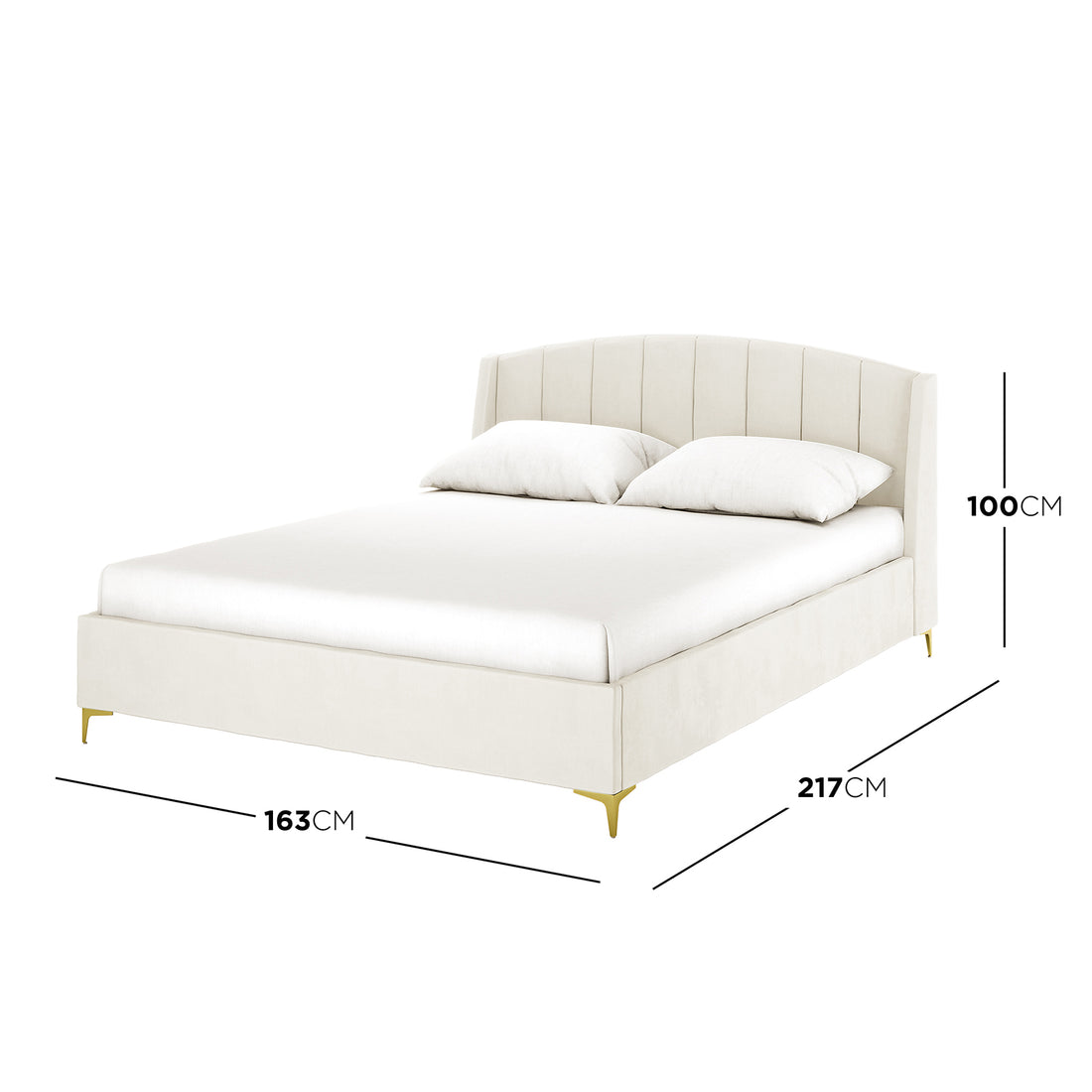 Lyra Velvet Bed Frame with Winged Headboard - Cream White Queen, featuring a tufted, padded headboard and elegant gold chrome legs, sits invitingly on a neatly made bed, exuding luxury and comfort.