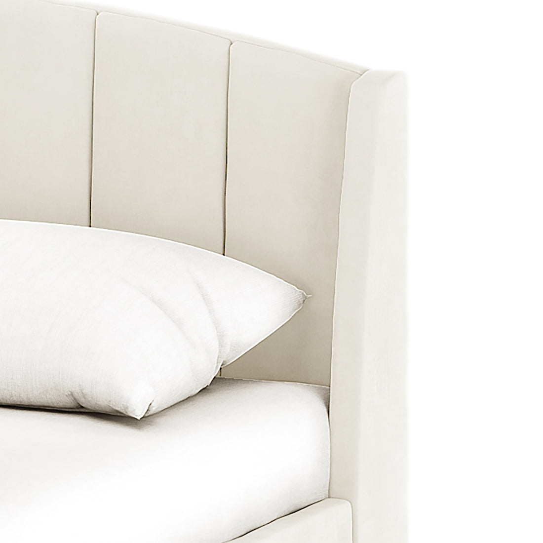 Lyra Velvet Bed Frame with Winged Headboard - Cream White Queen featuring a soft, padded, tufted headboard and elegant gold chrome legs, offering a luxurious and cozy addition to any bedroom setting.