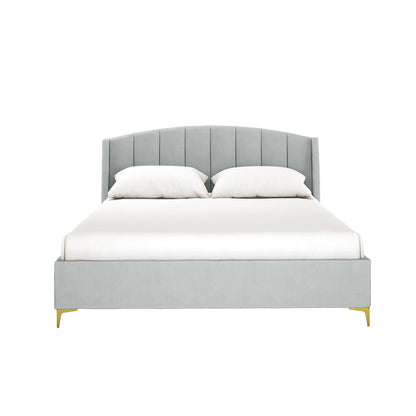Lyra Velvet Bed Frame with Winged Headboard - Light Grey Queen