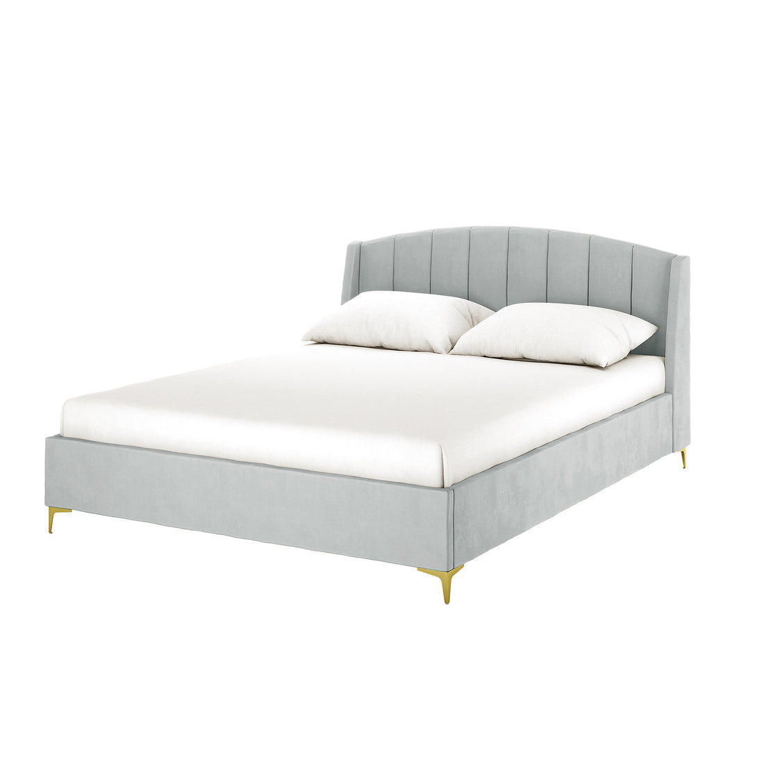 Lyra Velvet Bed Frame with Winged Headboard - Light Grey Queen