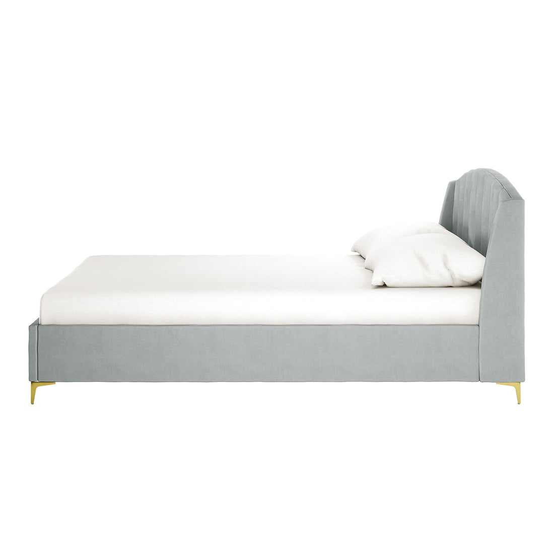 Lyra Velvet Bed Frame with Winged Headboard - Light Grey Queen