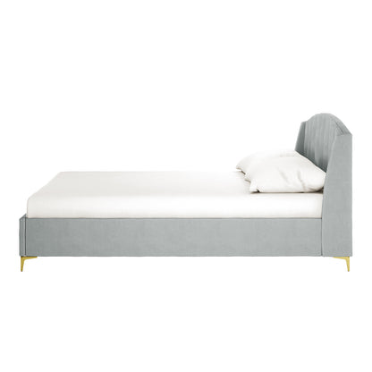 Lyra Velvet Bed Frame with Winged Headboard - Light Grey Queen