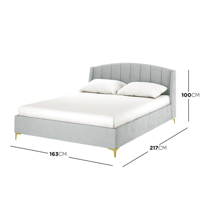 Lyra Velvet Bed Frame with Winged Headboard - Light Grey Queen