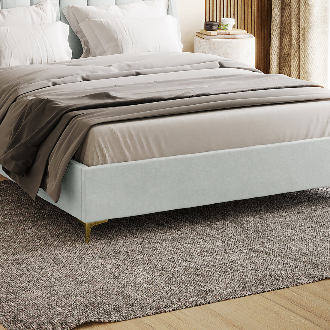 Lyra Velvet Bed Frame with Winged Headboard - Light Grey Queen
