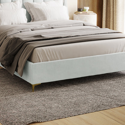 Lyra Velvet Bed Frame with Winged Headboard - Light Grey Queen