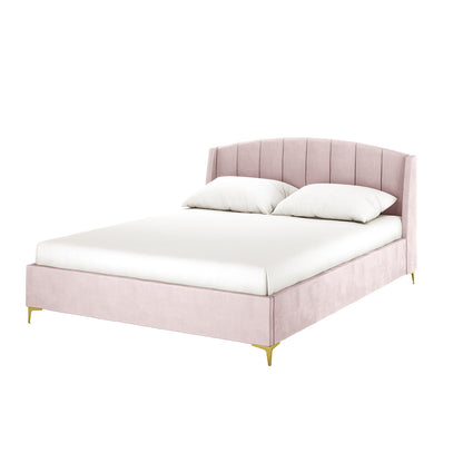 Lyra Velvet Bed Frame with Winged Headboard - Soft Pink Queen, featuring a blush velvet finish, channeled headboard, white linens, and slender brass legs for a chic, minimalist aesthetic.