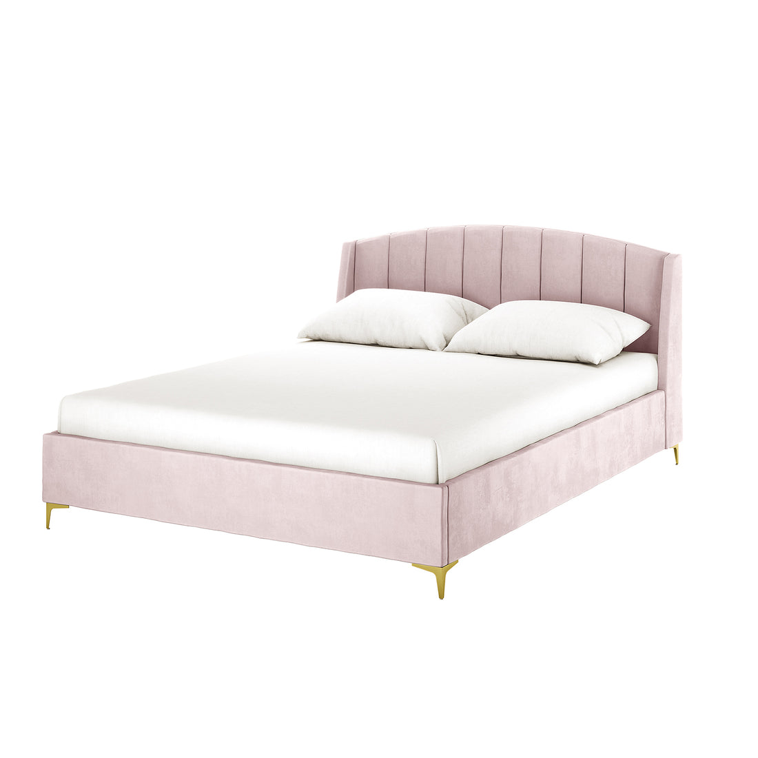 Lyra Velvet Bed Frame with Winged Headboard - Soft Pink King features a soft blush-pink velvet upholstery, channel-tufted headboard, gold-tone legs, and simple white mattress, epitomizing elegance and comfort.