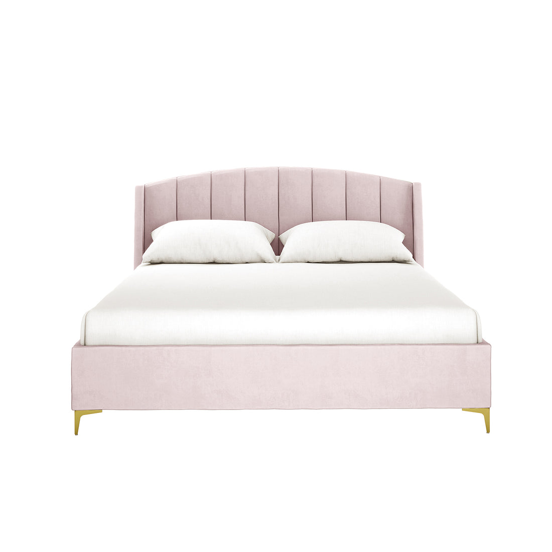 Lyra Velvet Bed Frame with Winged Headboard - Soft Pink Queen features a blush-pink, channel-tufted headboard, matching footboard, white pillows, and brushed gold metal legs, exuding luxury and elegance.
