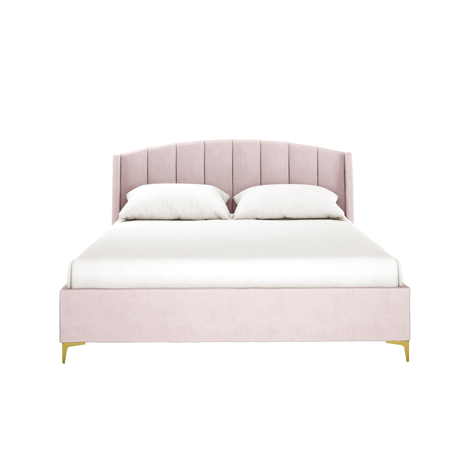 Lyra Velvet Bed Frame with Winged Headboard - Soft Pink King, featuring a blush-pink channel-tufted headboard, low footboard, white bedding, and gold-finished legs.