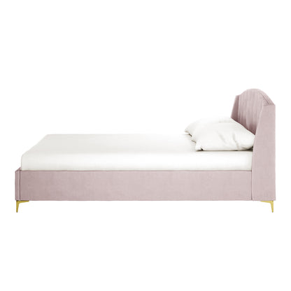 Lyra Velvet Bed Frame with Winged Headboard - Soft Pink King features a blush-pink fabric, channel-tufted headboard, gold-tone metal legs, and a white mattress for a luxurious, stylish bedroom centerpiece.