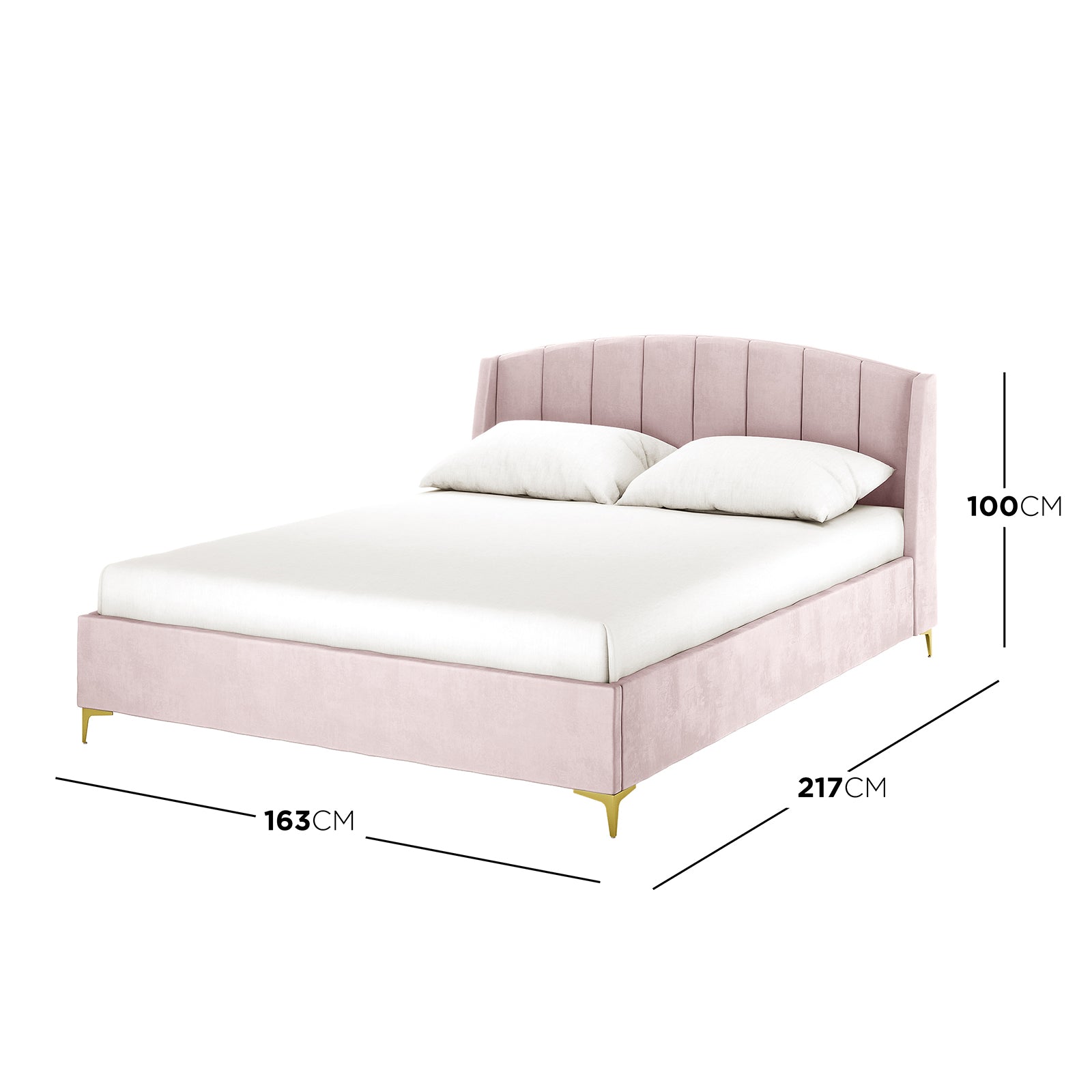 Lyra Velvet Bed Frame with Winged Headboard - Soft Pink Queen features a channel-stitched headboard, matching sideboards, and gold-tone legs, with mattress and pillows in place, measuring 217cm x 163cm x 100cm.