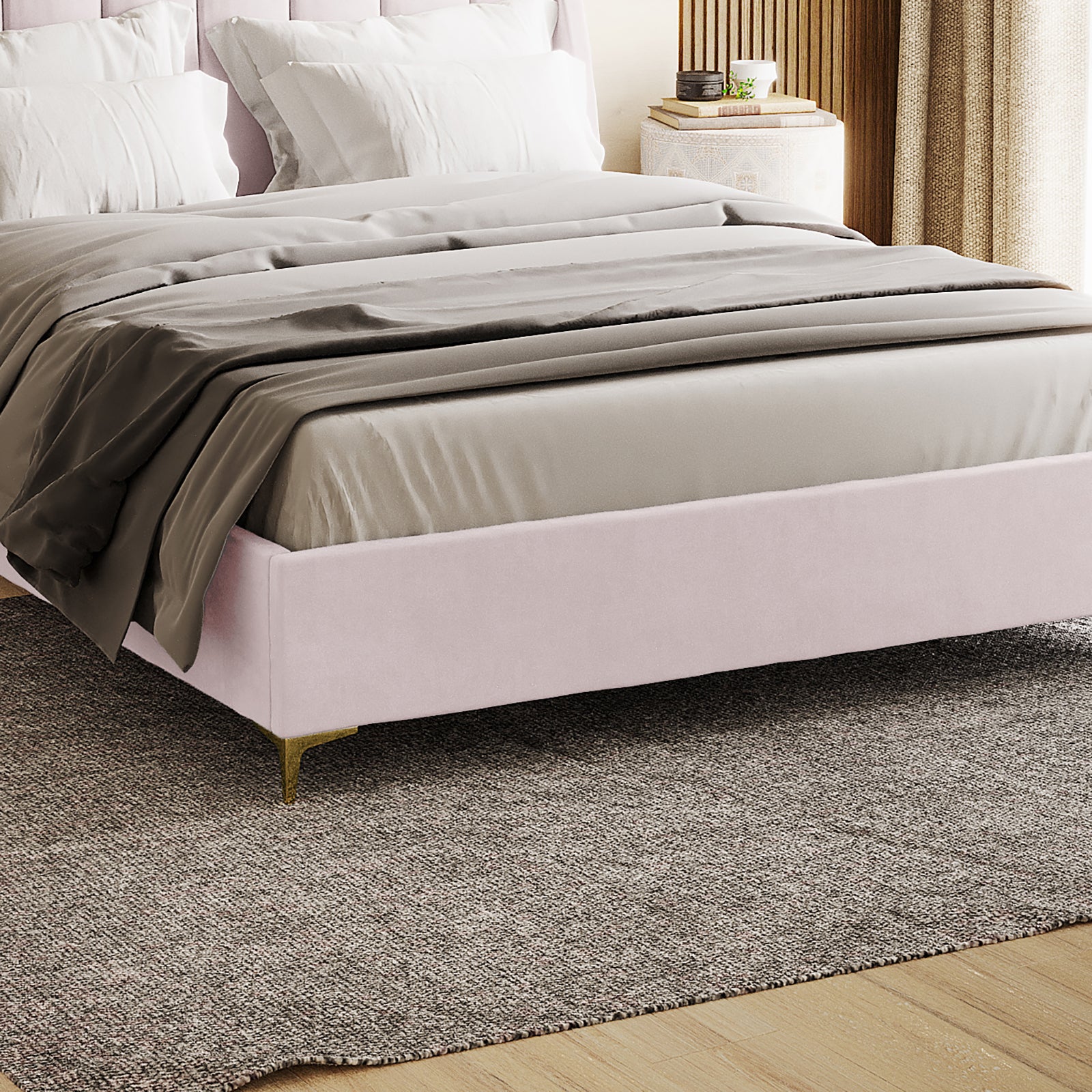 Lyra Velvet Bed Frame with Winged Headboard - Soft Pink King features a low-profile design, slender brass-tone legs, and a plush velvet finish, perfectly complementing the minimalist bedroom setting.