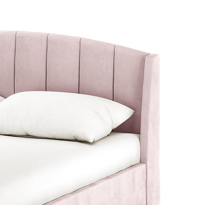 Lyra Velvet Bed Frame with Winged Headboard - Soft Pink Queen displayed with a gently curved, channel-stitched headboard and white mattress, showcasing its luxurious, minimalist design.