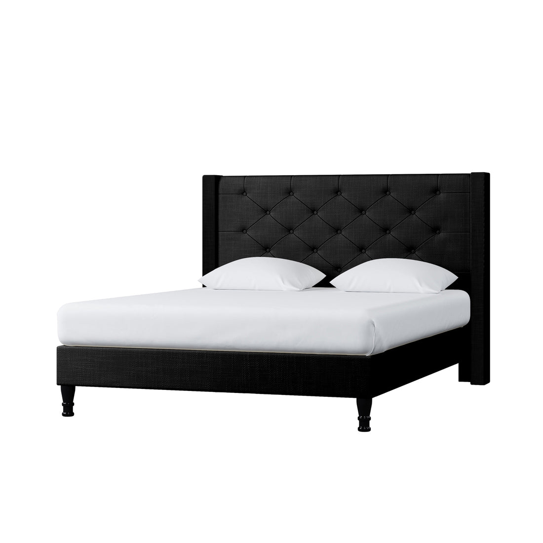 Maggie Double Winged Fabric Bed Frame – Black, featuring a plush, deep-buttoned Chesterfield headboard, solid timber frame, and sturdy metal legs, elegantly displayed with white pillows and sheets.