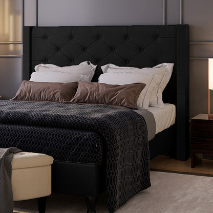 Maggie Double Winged Fabric Bed Frame – Black, featuring a luxurious deep-buttoned Chesterfield headboard with plush comfort and solid construction, displayed with a brown pillow on a bed.