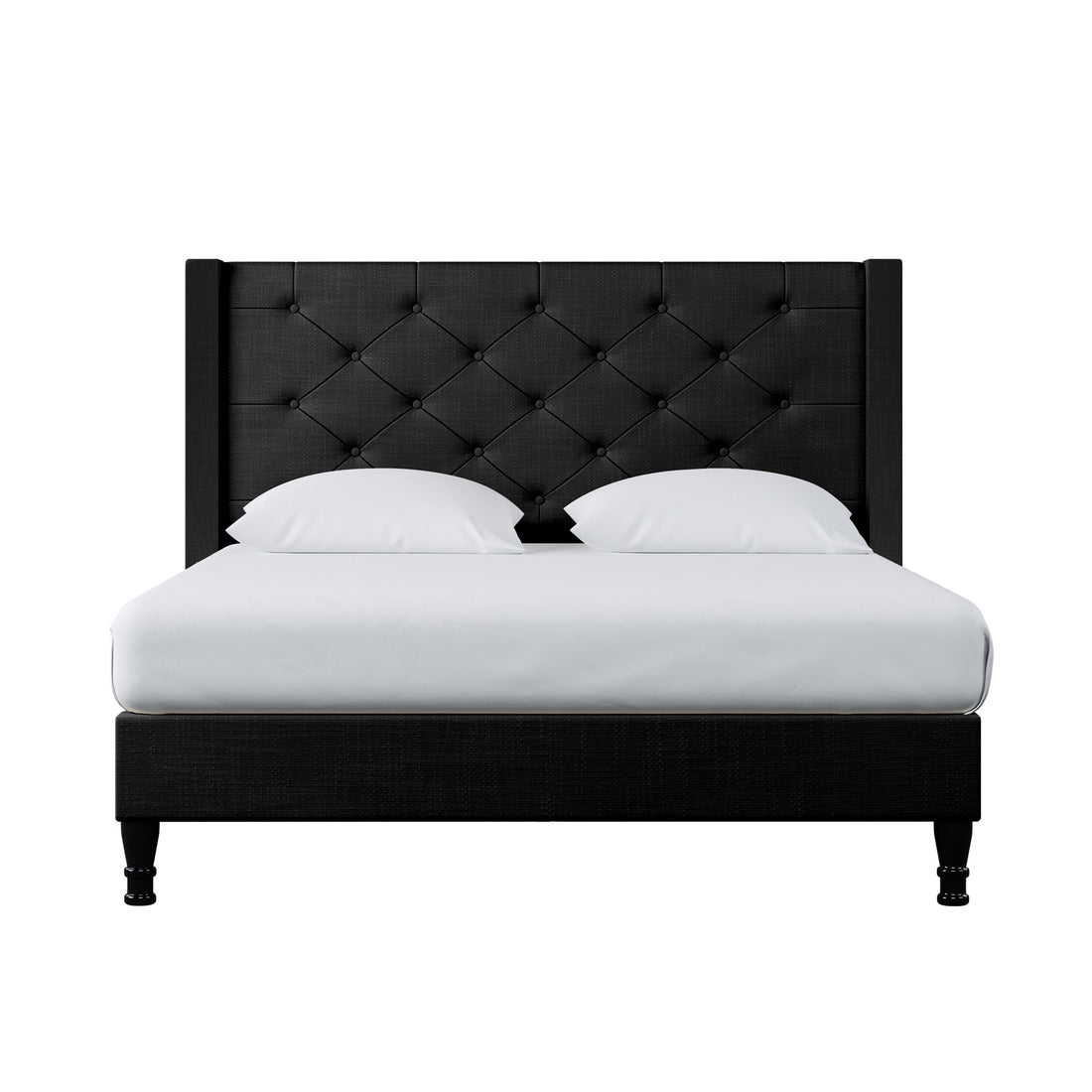 Maggie Double Winged Fabric Bed Frame – Black, featuring a deep-buttoned Chesterfield headboard. The black bed frame is complemented by white pillows and a white cushion on a black surface.