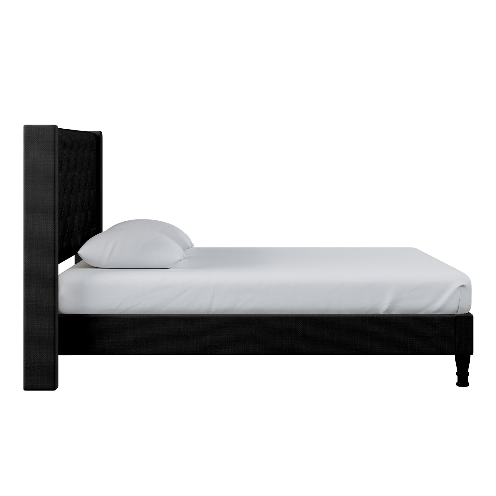Maggie Double Winged Fabric Bed Frame – Black, featuring a plush, deep-buttoned Chesterfield headboard and a sturdy frame, offering elegance and support for a refined bedroom centerpiece.