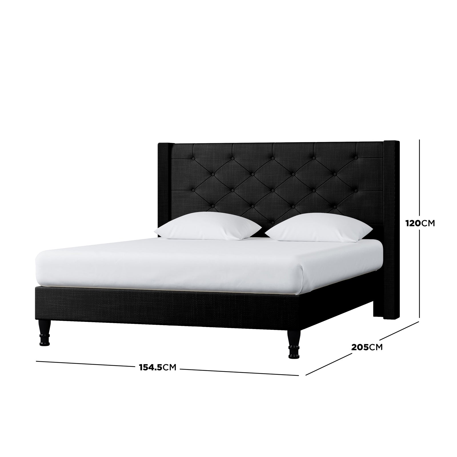Maggie Double Winged Fabric Bed Frame – Black with elegant Chesterfield headboard, deep-buttoned design, and plush cushioning. Features solid timber and metal legs for durability and a supportive slatted base.