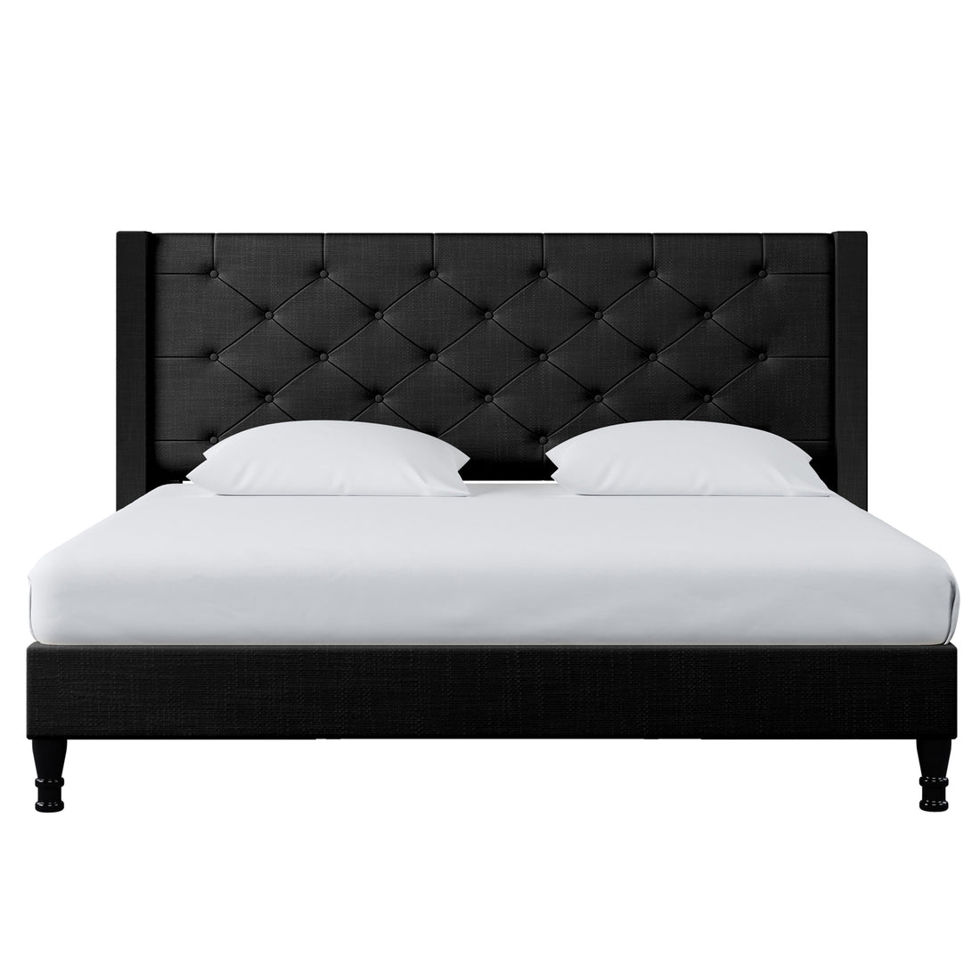 Maggie King Winged Fabric Bed Frame – Black, featuring a grand Chesterfield-style headboard with deep-buttoned upholstery and plush fabric, offering a sophisticated, elegant look for any bedroom.