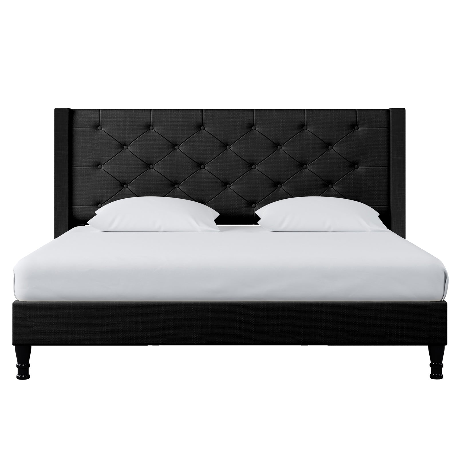 Maggie King Winged Fabric Bed Frame – Black, featuring a grand Chesterfield-style headboard with deep-buttoned upholstery and plush fabric, offering a sophisticated, elegant look for any bedroom.
