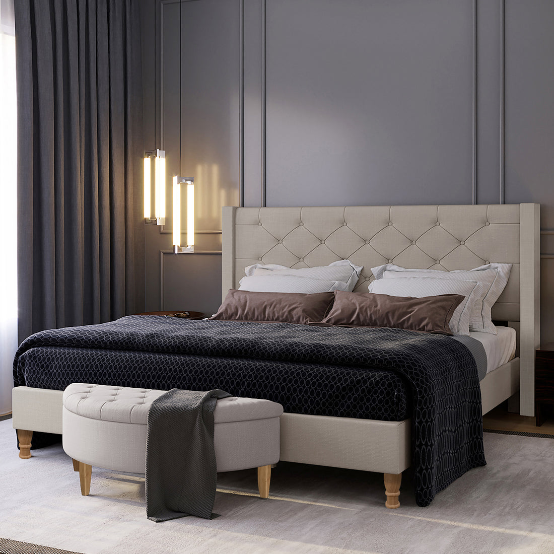 Maggie King Winged Fabric Bed Frame – Warm Grey