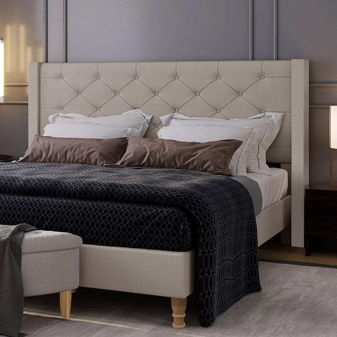 Maggie King Winged Fabric Bed Frame – Warm Grey