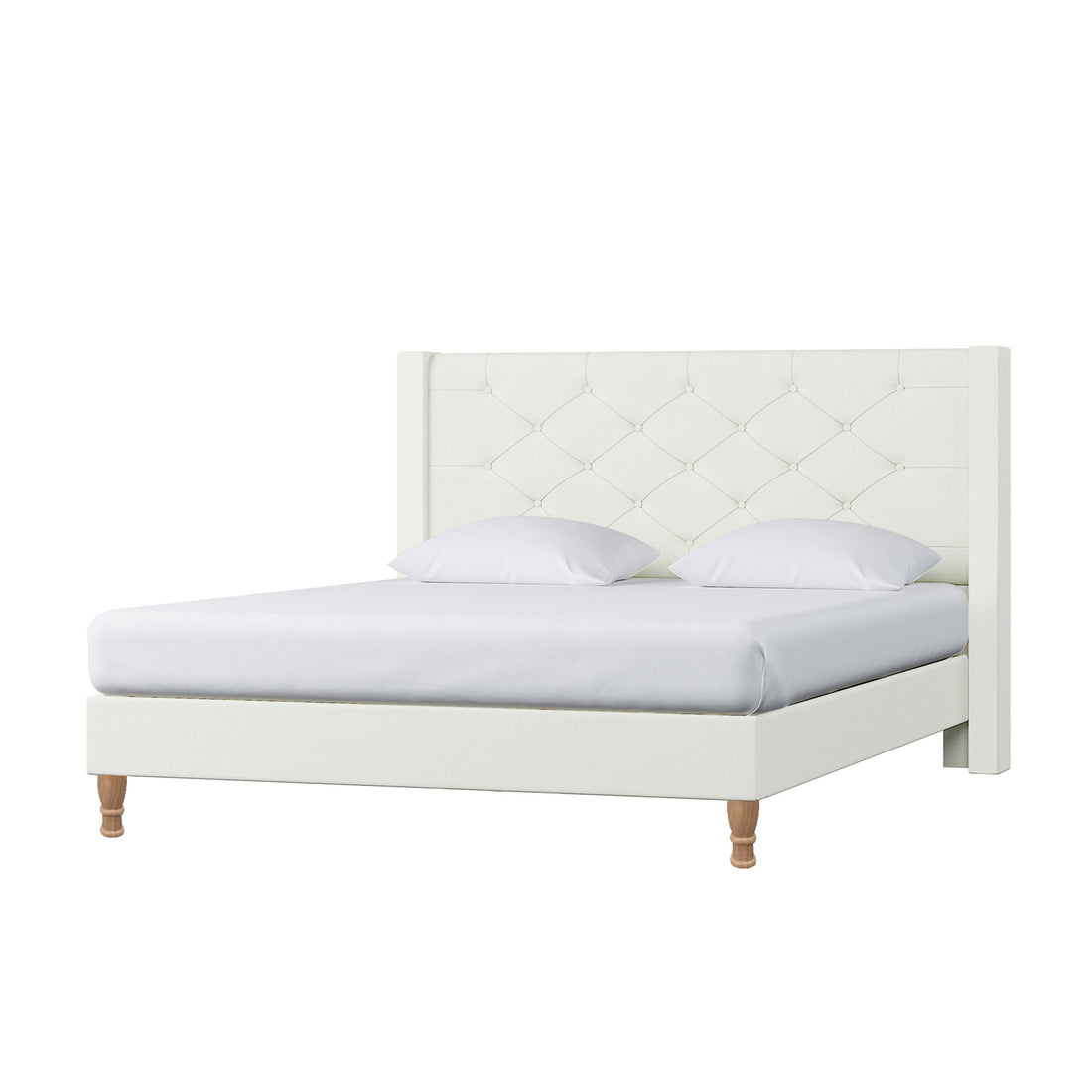 Maggie Queen Winged Fabric Bed Frame in Off White features a tall, tufted headboard with two pillows, white bedding, and turned wooden legs, showcasing its classic Chesterfield-style elegance and sturdy construction.