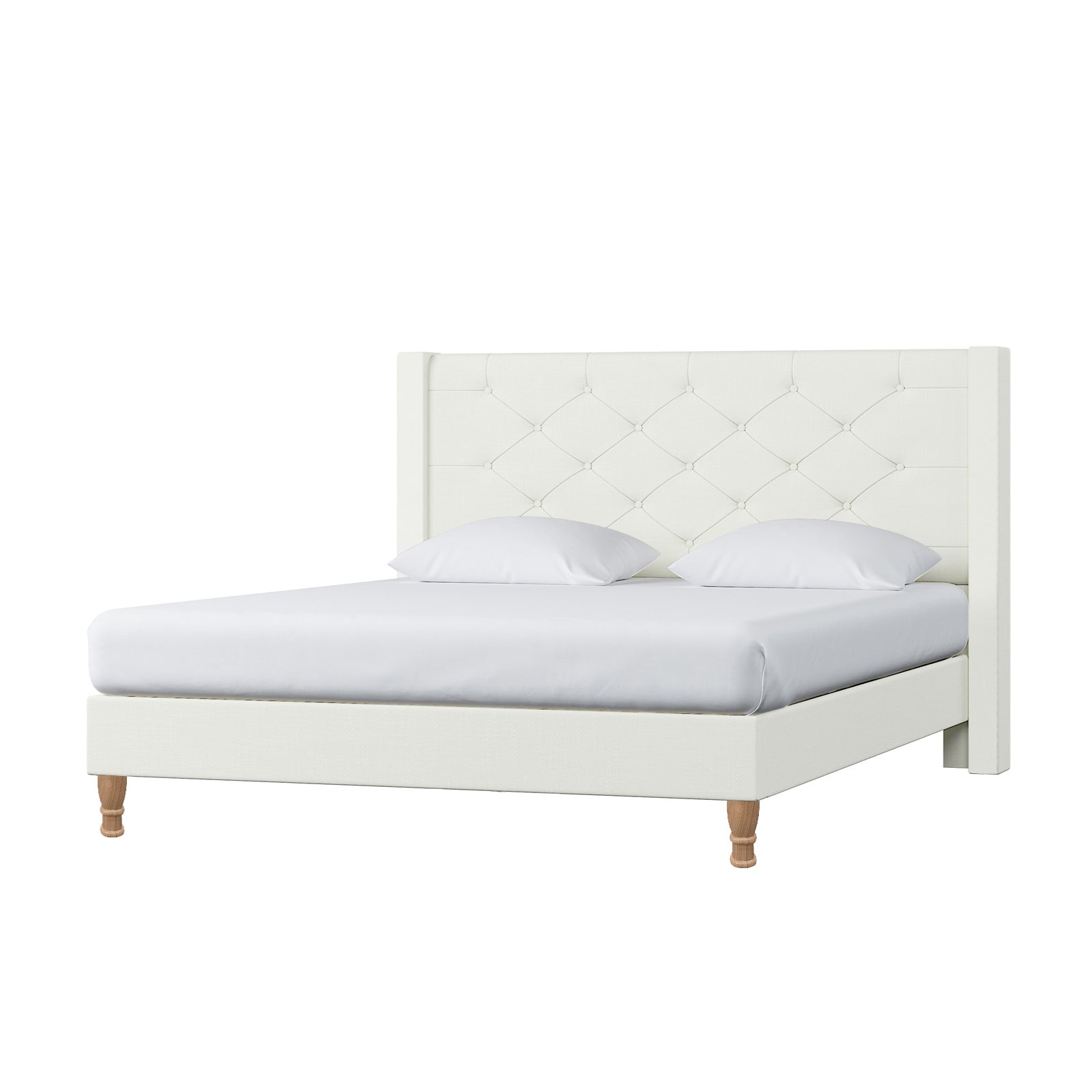 Maggie Queen Winged Fabric Bed Frame in Off White features a tall, tufted headboard with two pillows, white bedding, and turned wooden legs, showcasing its classic Chesterfield-style elegance and sturdy construction.