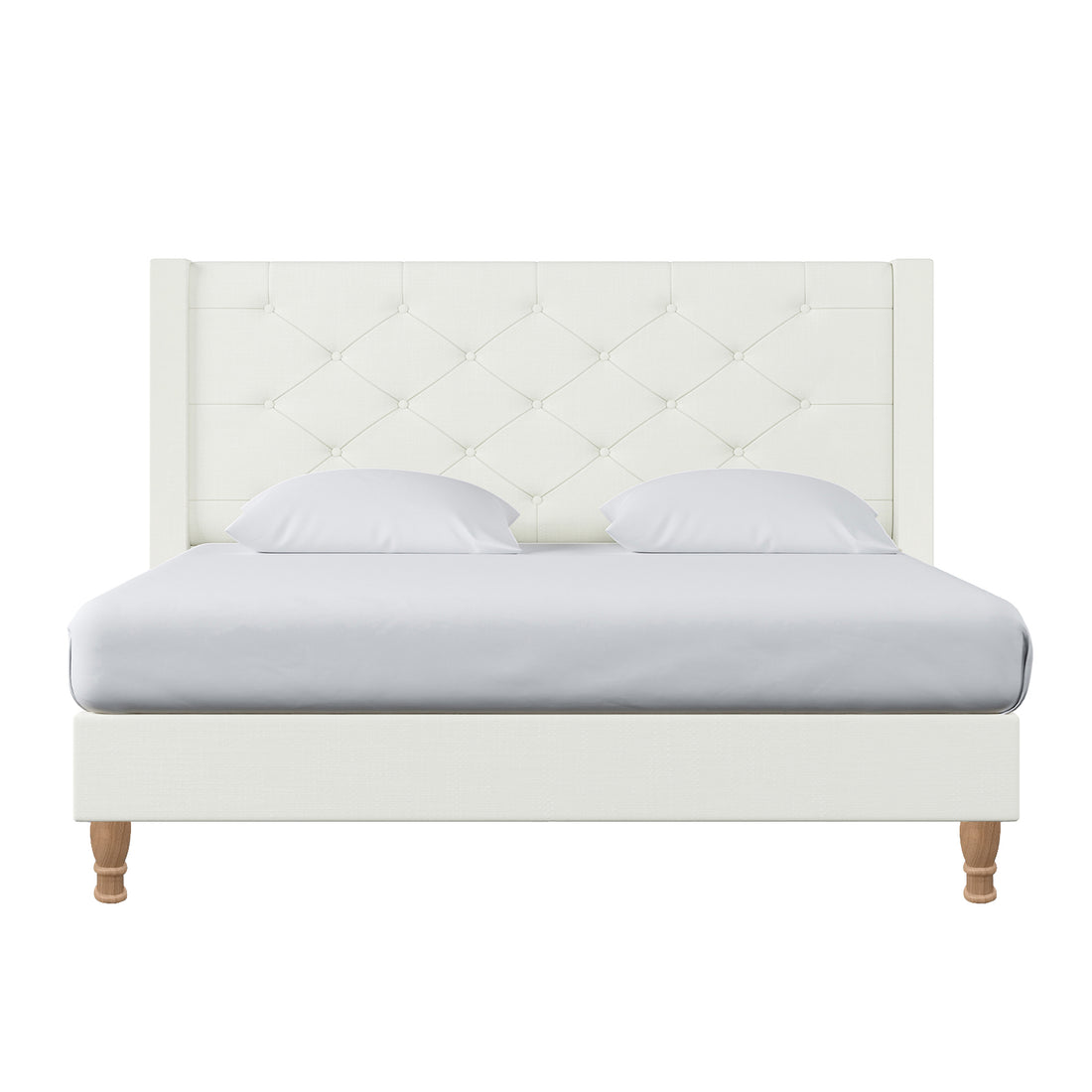Maggie Queen Winged Fabric Bed Frame in Off White features a tall, button-tufted headboard, matching low-profile frame, light sheet and pillows, and four wooden legs, embodying clean contemporary style.