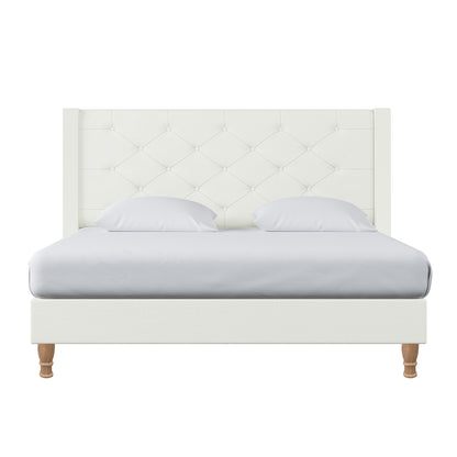 Maggie Queen Winged Fabric Bed Frame in Off White features a tall, button-tufted headboard, matching low-profile frame, light sheet and pillows, and four wooden legs, embodying clean contemporary style.
