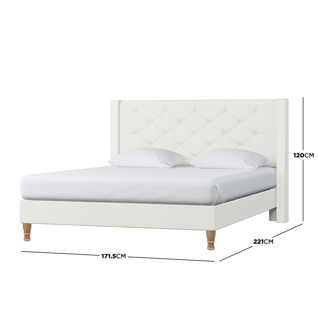 Maggie Queen Winged Fabric Bed Frame in Off White features a tall, diamond-tufted headboard, white upholstery, and turned wooden legs. Dimensions: 171.5 cm wide, 221 cm long, 120 cm tall.