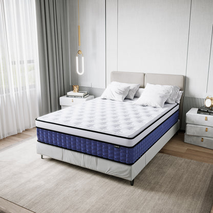 Antheia Double 32cm Euro Top Memory Foam Latex Mattress in Medium Firm on a low-profile upholstered bed, featuring a quilted top layer and deep blue side panel with pillows and bedside tables nearby.