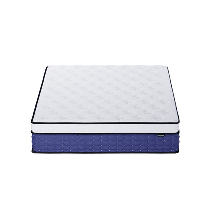 Antheia Double 32cm Euro Top Memory Foam Latex Mattress in Medium Firm features a white quilted top and blue upholstered base, highlighting its multi-layered, pillow-top design for ultimate comfort and support.