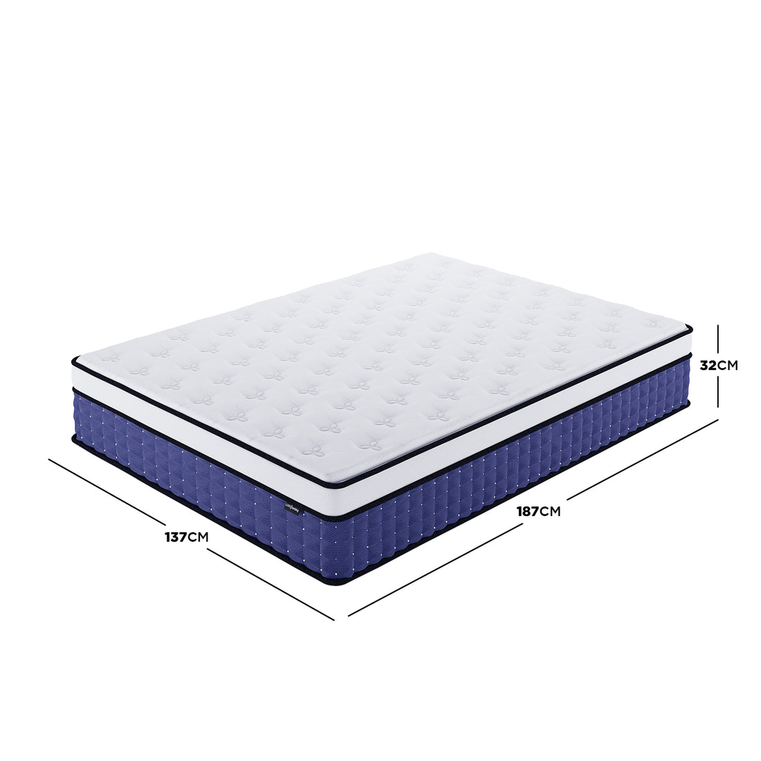 Antheia Double 32cm Euro Top Memory Foam Latex Mattress in Medium Firm, showcasing white quilted top, dark-blue sides, and dimensions: Width 137cm, Length 187cm, Height 32cm, emphasizing comfort and support features.