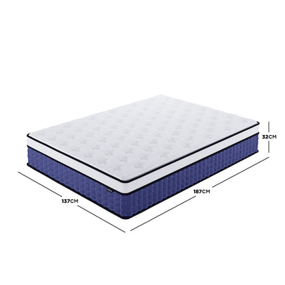 Antheia Double 32cm Euro Top Memory Foam Latex Mattress in Medium Firm, showcasing white quilted top, dark-blue sides, and dimensions: Width 137cm, Length 187cm, Height 32cm, emphasizing comfort and support features.