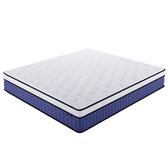 Antheia King 32cm Euro Top Memory Foam King Latex Mattress features a white quilt-top with dark blue tufted sides, showcasing its plush, breathable surface and medium firm support design.