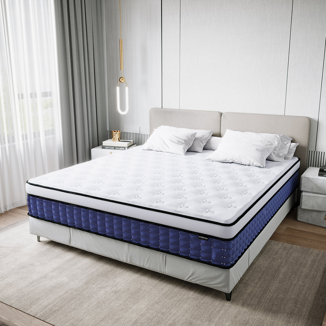 Antheia King 32cm Euro Top Memory Foam Latex Mattress in Medium Firm on a gray upholstered platform, featuring a white quilted top, deep blue sides, and four white pillows, offering luxurious comfort and support.