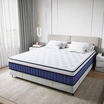 Antheia King 32cm Euro Top Memory Foam Latex Mattress in Medium Firm on a gray upholstered platform, featuring a white quilted top, deep blue sides, and four white pillows, offering luxurious comfort and support.