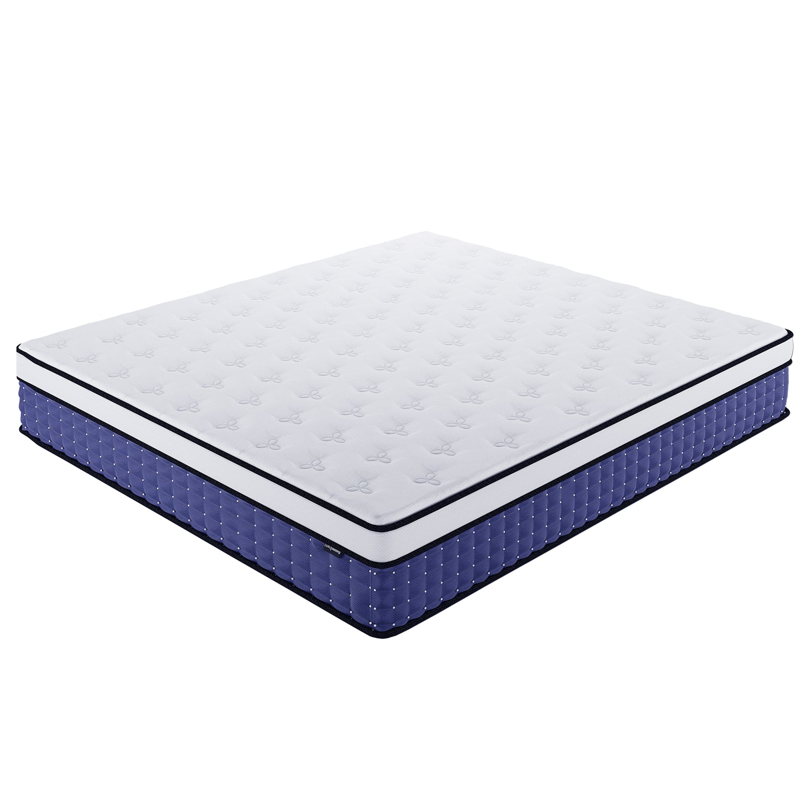 Antheia King 32cm Euro Top Memory Foam King Latex Mattress in Medium Firm, featuring a quilted white top with motifs and blue upholstered sides, showcasing plush, supportive comfort.