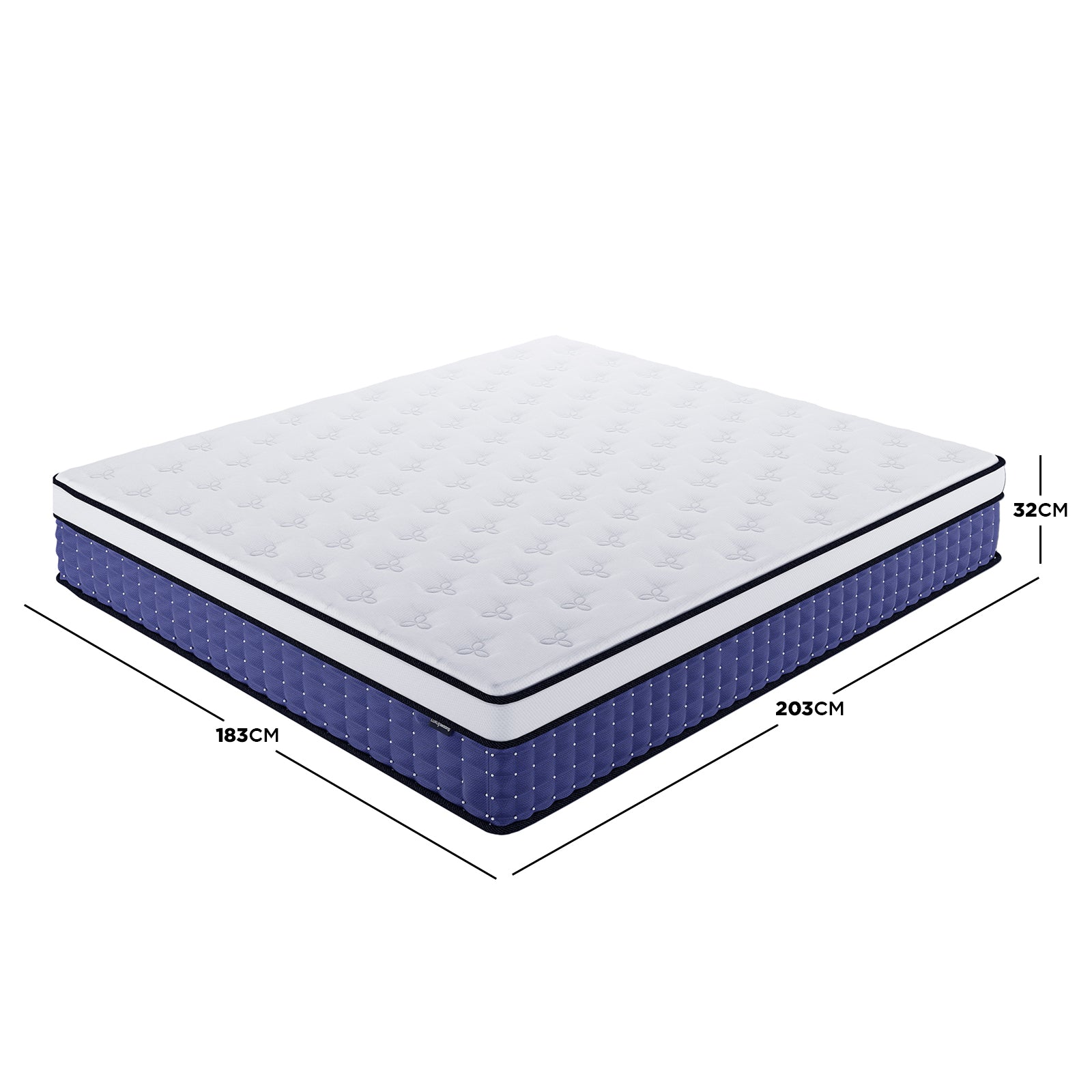 Antheia 32cm Medium Firm Euro Top Latex Memory Foam Spring Mattress – King, featuring a quilted top, dark-blue side panel, and measurement call-outs, showcasing its spacious dimensions and luxurious build.