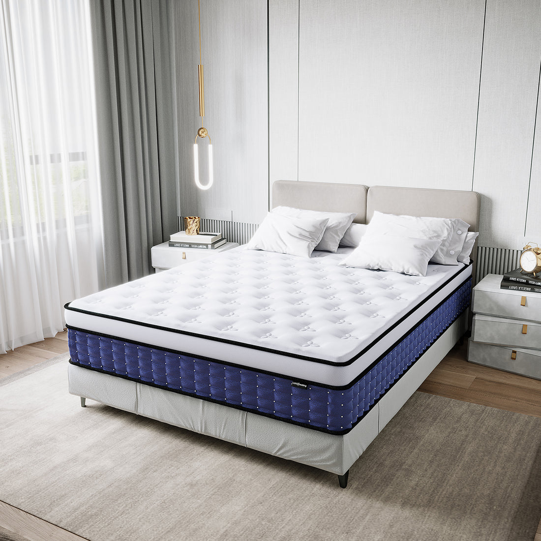 Antheia Queen 32cm Euro Top Memory Foam Latex Mattress in Medium Firm displayed on a low gray platform, featuring a plush white top with navy-blue quilted sides, complemented by an upholstered headboard and white pillows.