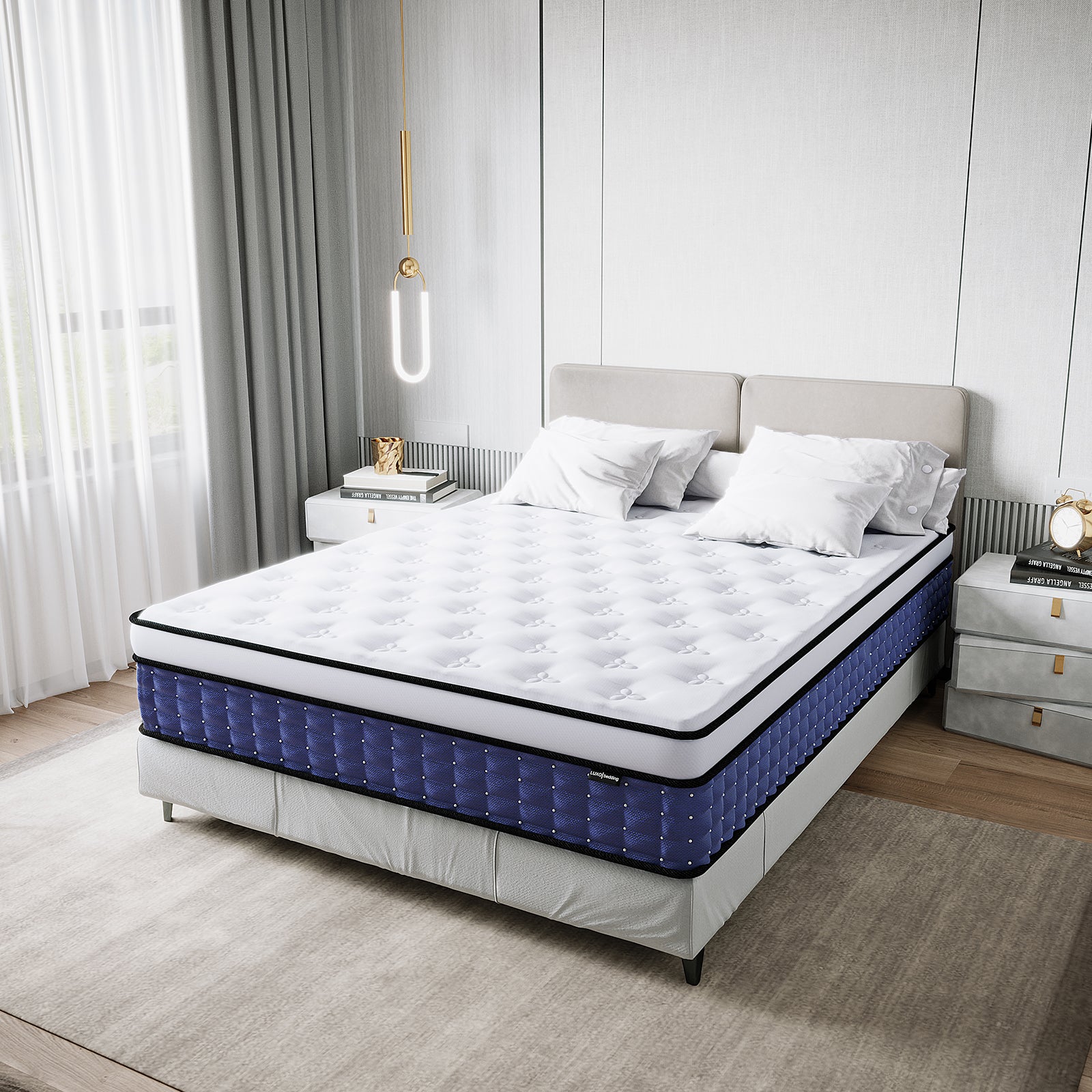 Antheia Queen 32cm Euro Top Memory Foam Latex Mattress in Medium Firm displayed on a low gray platform, featuring a plush white top with navy-blue quilted sides, complemented by an upholstered headboard and white pillows.